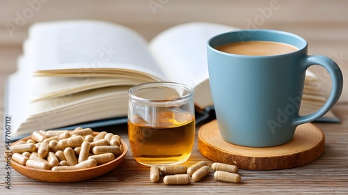 A calm morning scene featuring a cozy cup of coffee, a glass of herbal tea, dietary supplements, and an open book, perfect for promoting wellness and relaxation.