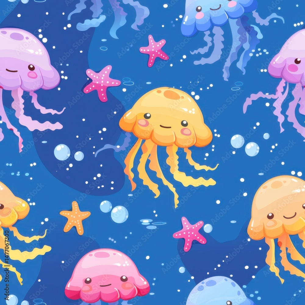 seamless pattern of cartoon clownfish, jellyfish, starfish, and corals, pastel color palette, kawaii style seamless pattern of cartoon clownfish, jellyfish, starfish, and corals, pastel color palette, kawaii style