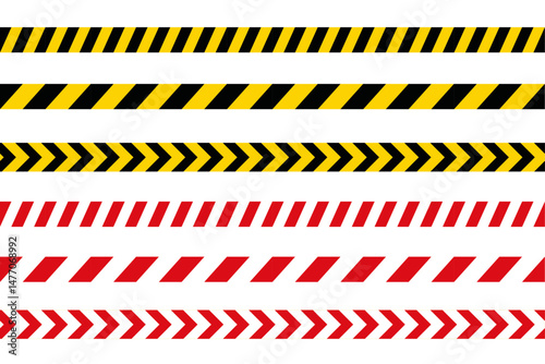 Set of yellow, black and red and white warning restriction or forbidden area tape, no entry, area under contruction, traffic accident, crime