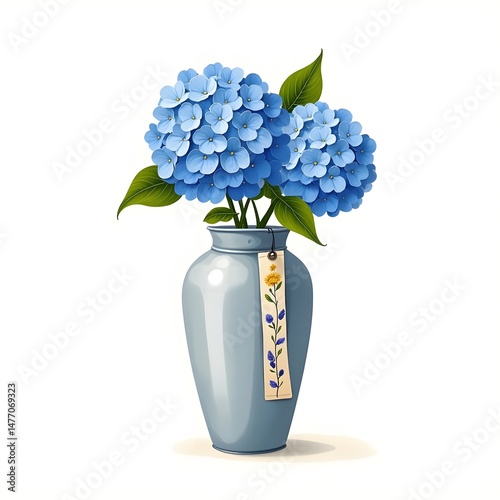 Summer Serenity: Blue Hydrangeas in Metal Vase with Pressed Flower Bookmark
