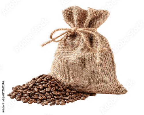 Rustic burlap sack filled with coffee beans, tied with twine, exuding warm, inviting aroma. spilled beans create rich, earthy scene, perfect for coffee lovers