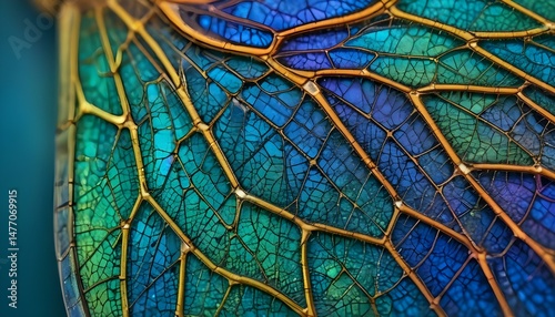 Magnificent detail showcases an intricate dragonfly wing in stunning colors with gold details.
