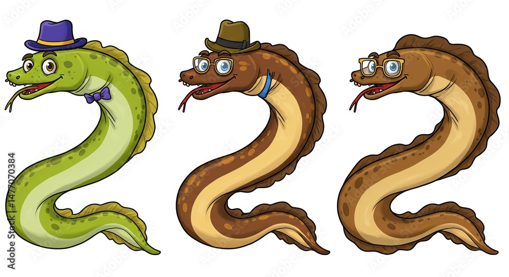 Naklejka premium Funny Cartoon Eels Wearing Hats and Glasses