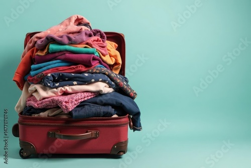 Overstuffed suitcase overflowing with clothes and travel essentials, ready for a trip , belongings, messy, travel bag