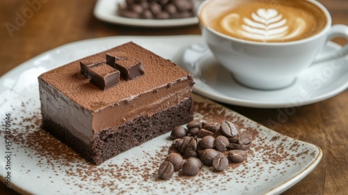 Chocolate Cake Dessert with Coffee Beans and Latte Art on Tabletop Close Up Food Photography