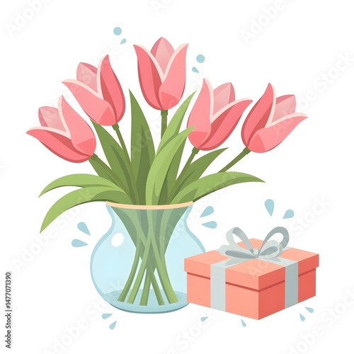 Sunny Blooms: Pink Tulips in Glass Vase with Pastel Gift Box Greeting Card