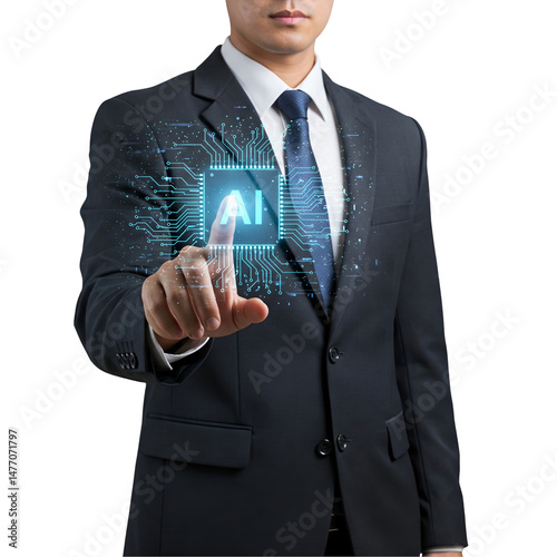 Businessman Activating Artificial Intelligence with Touch isolated on a transparent background 