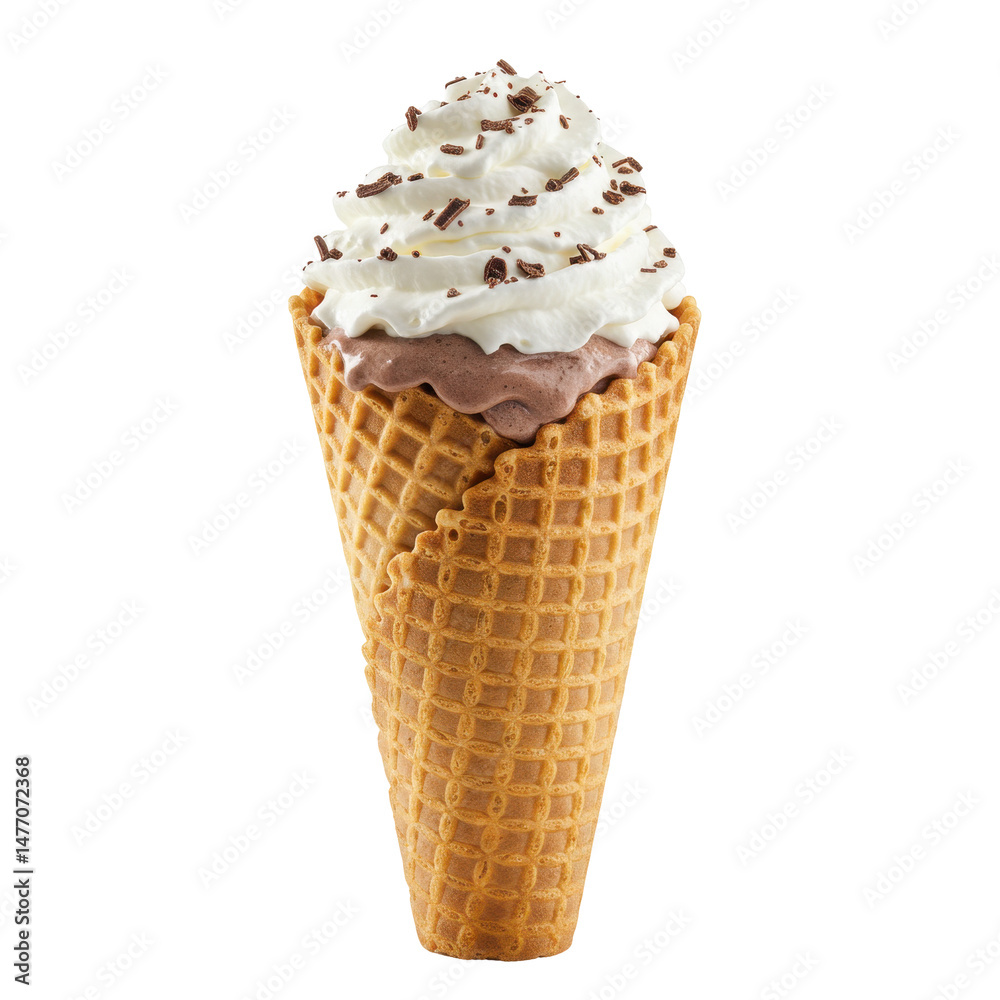 Delicious ice cream cone with chocolate and vanilla swirls, isolated on white Delicious ice cream cone with chocolate and vanilla swirls, isolated on white
