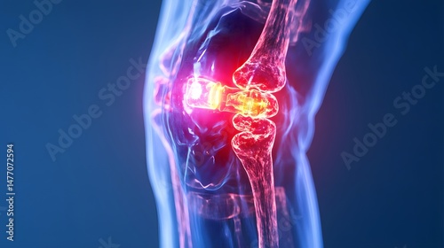 A detailed medical illustration of a knee joint showcasing digital anatomy and technology. The image highlights the bones, ligaments, and colorful RF frequencies for studies.