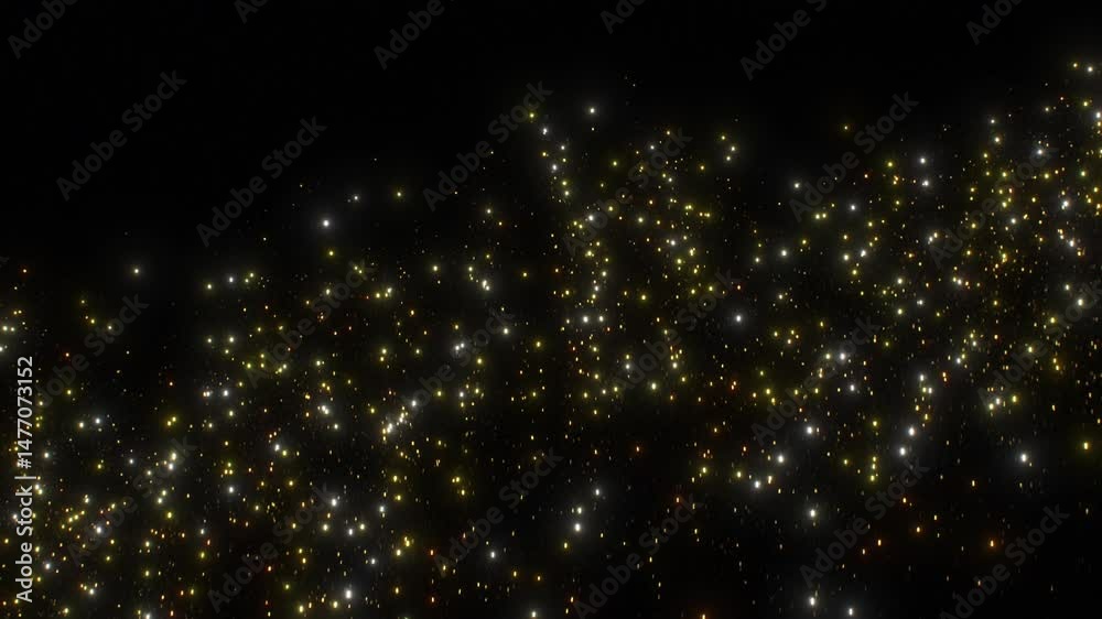 Golden Particles Falling Slow Motion Black Background Abstract 3d Animation. Gold Color Confetti Pouring Isolated. Beautiful Dust Sparkling Blow Away Curtain Close-up Design Element Concept 4k.