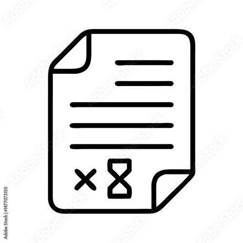 Line icon of expired document with hourglass and cross sign, deadline or invalid file concept, black and white outline for time-sensitive data