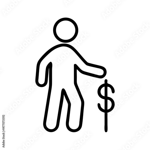 Line icon of person holding dollar symbol, financial control or personal budget management concept, black and white minimalist design for business