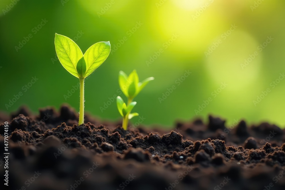Fototapeta premium Seedling sprouts in rich soil, sunlight dappled leaves , planting, growth