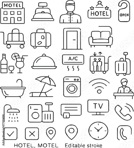 Create a Set of 24 outline icons related to hotel, motel, hostel. Linear icon collection. Editable stroke. Vector illustration with white background.