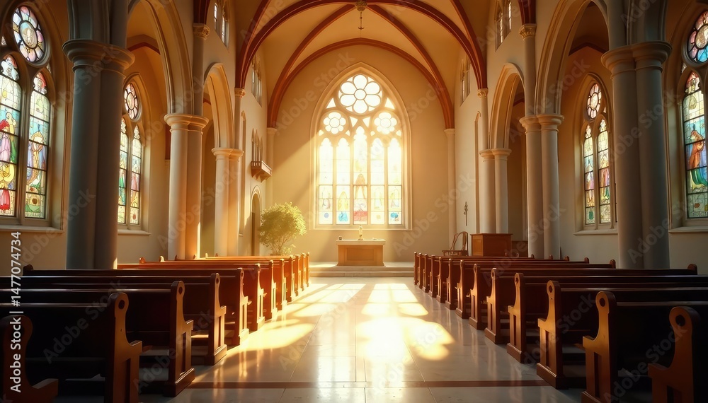 Fototapeta premium A peaceful church interior, bathed in sunlight , church interior, christian