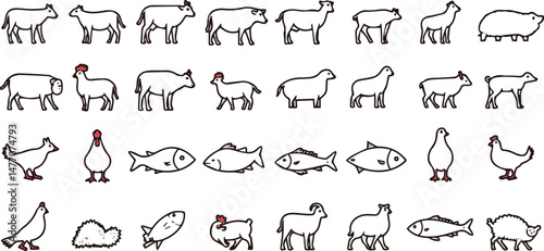 Create a Set of 30 outline icons related to meat. Linear icon collection. Editable stroke. Vector illustration with white background.