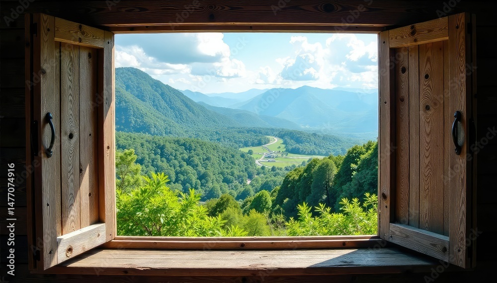 Obraz premium A scenic overlook framed by a rustic window Enjoy the breathtaking view , bright, trees