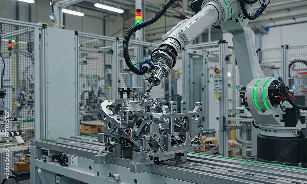 Robotic arm precisely working on an industrial metal piece in a modern factory setting. Automation at its peak Robotic arm precisely working on an industrial metal piece in a modern factory setting. Automation at its peak