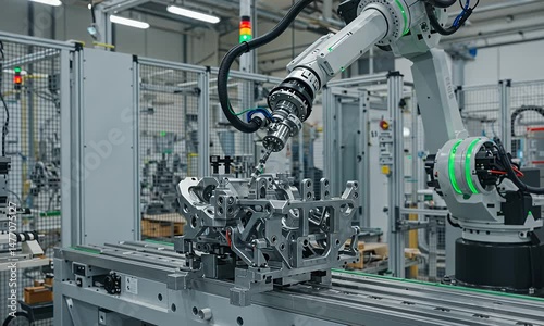 Robotic arm precisely working on an industrial metal piece in a modern factory setting. Automation at its peak