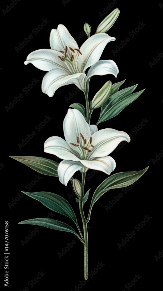 Fototapeta premium Elegant White Lily Flowers Blooming on Stem Close Up Botanical Illustration Dark Background