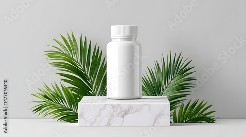 Wallpaper Mural A minimalist white supplement bottle displayed on a marble pedestal, surrounded by vibrant green palm leaves, ideal for health and wellness themes. Torontodigital.ca