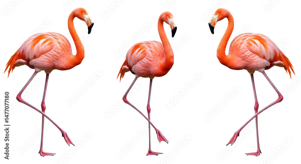 Obraz premium Flamingos Standing on One Leg, Isolated on White Background