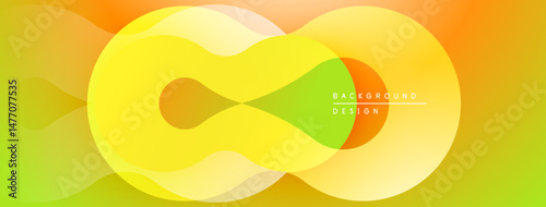 Abstract shapes overlap, creating vibrant gradients. Yellows, oranges, greens blend smoothly. Modern design element for backgrounds.