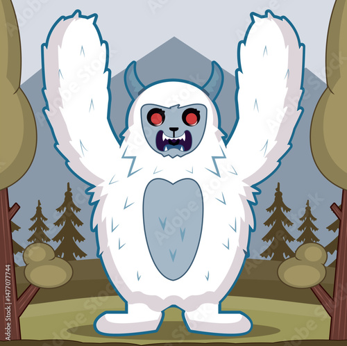 Mythical mountain creature, bigfoot, yeti. Cute cartoon monster for kids. Humanoid fantasy creature, conspiracy theories, fairy tales, stories.
