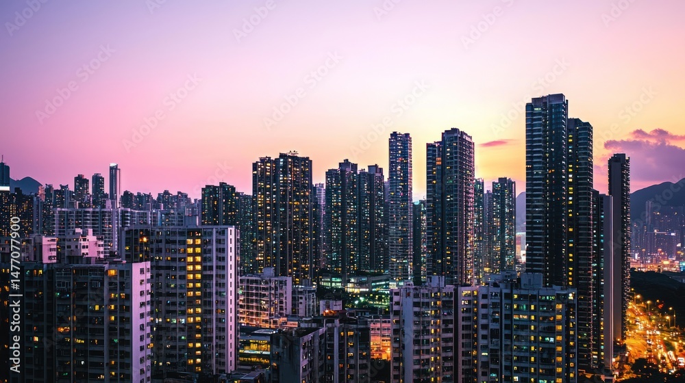 Obraz premium Tall illuminated buildings under a beautiful pink and orange sunset sky