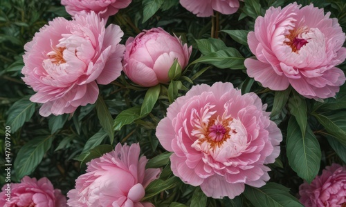Luscious pink peonies, lush green leaves  Close-up view , close-up, blossom