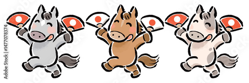 お正月に扇子を持って踊る3頭の干支の馬（午）