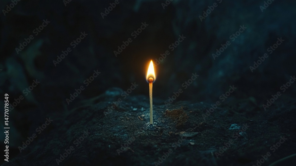 Fototapeta premium A matchstick igniting with a small but bright flame in a dark room, illuminating the surrounding space briefly