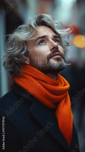 A stylish man with curly hair, wearing an orange scarf, looks upwards in a city street, capturing a contemplative and trendy moment.