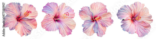 Four pink hibiscus flowers with delicate colorful petals are arranged artfully on transparent background