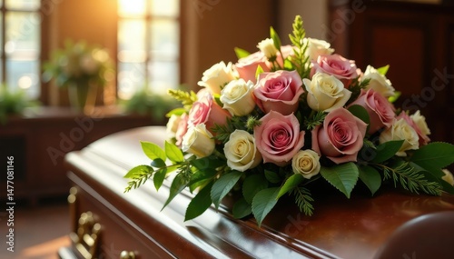 Elegant floral arrangement on a casket at a funeral service , overhead shot, peaceful, goodbye