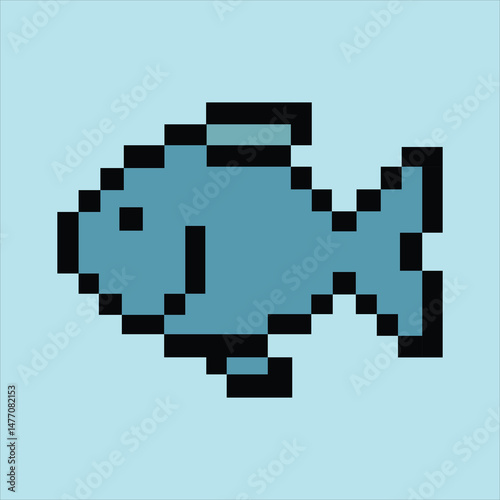 Retro 8-bit fish icon on soft sky blue pixel background