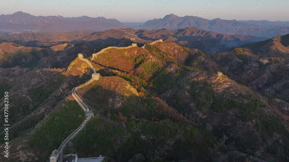 Sunrise drone over the Jinshanling section of the Great Wall of China