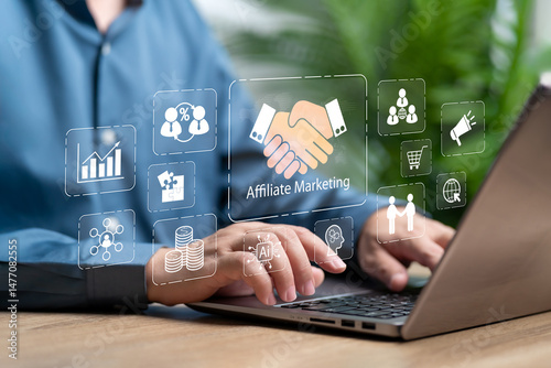 Affiliate marketing, Digital network products and services concept, Businessman modern Management market, Influencer, Engagement, affiliates and customers, Strategy generating revenue by referring