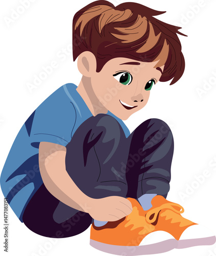 Boy putting on shoes