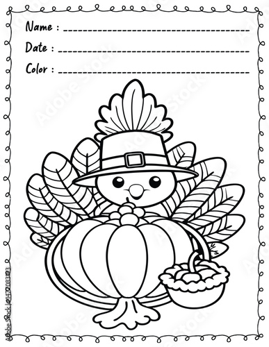 Thanksgiving Coloring Pages For Kid and adult.  
High resolution (300 DPI), 
Ready to print on standard 8.5x11 inch paper With No Bleed, 
Black and White. 
Vector illustration AI, EPS, PNG, JPEG.
