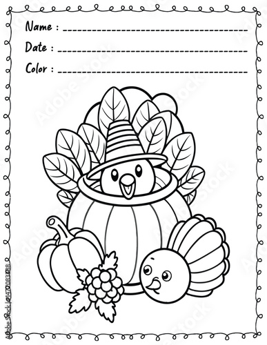 Thanksgiving Coloring Pages For Kid and adult.  
High resolution (300 DPI), 
Ready to print on standard 8.5x11 inch paper With No Bleed, 
Black and White. 
Vector illustration AI, EPS, PNG, JPEG.