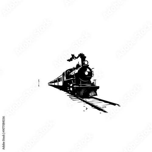 Vintage locomotive hurtling forward on rails in stark monochrome vector artwork