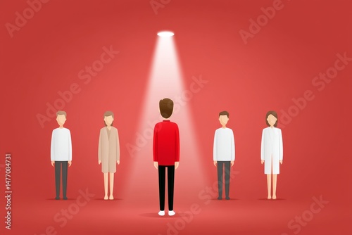 A flat design of a spotlight on a single person at the front of a group