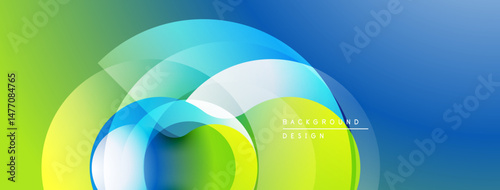 Abstract design features overlapping translucent circles. Vibrant blue, green, yellow hues create dynamic visual effect. Modern background.