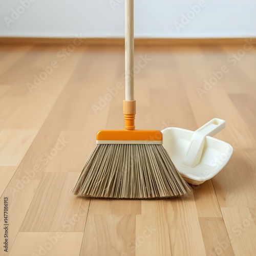 A broom resting against a freshly swept wooden floor beside a small dustpan.
