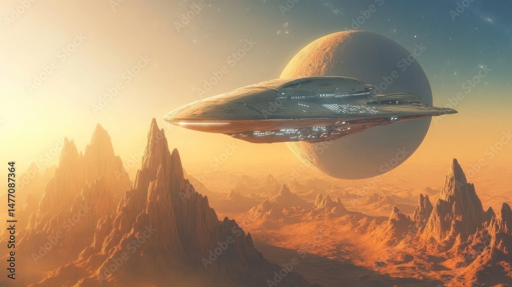 Obraz premium Alien spacecraft over a desert planet