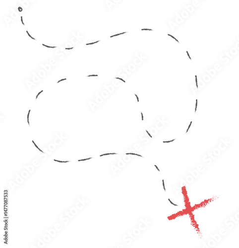 Treasure map element. A dashed line and red X mark ink on the map, the treasure map with a dotted line, X marks the spot, dashed line to an X, red ink	
