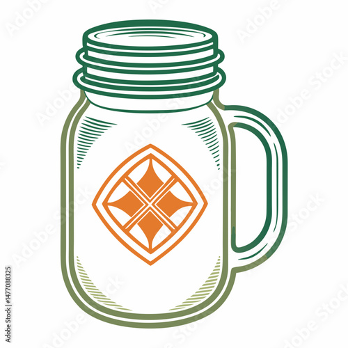 A mason jar adorned with a green leaf resting on its surface, showcasing a natural and rustic aesthetic.