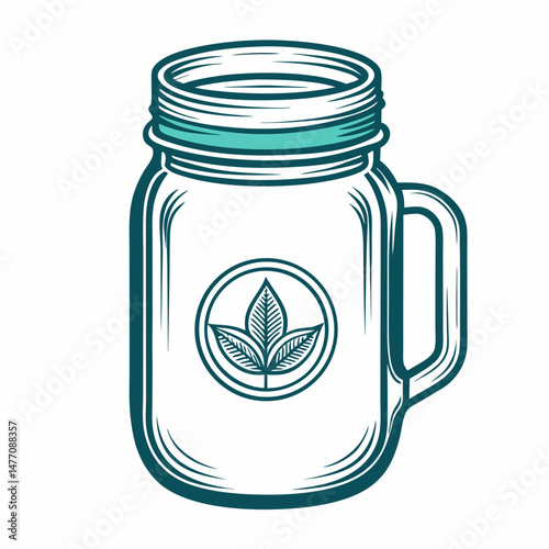 A mason jar adorned with a green leaf resting on its surface, showcasing a natural and rustic aesthetic.