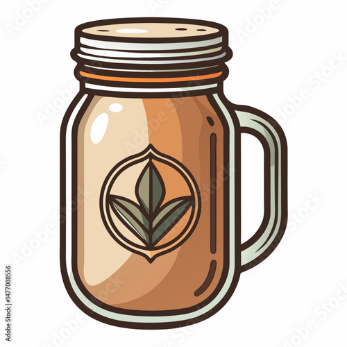 A mason jar adorned with a green leaf resting on its surface, showcasing a natural and rustic aesthetic.